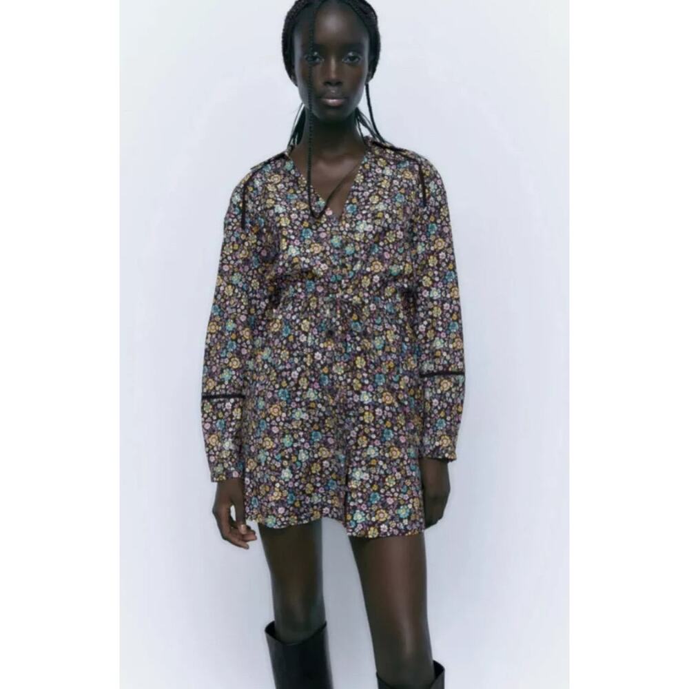 Zara Floral Shirt Dress Small Crepe Long Sleeve Spring Mini Cottagecore
